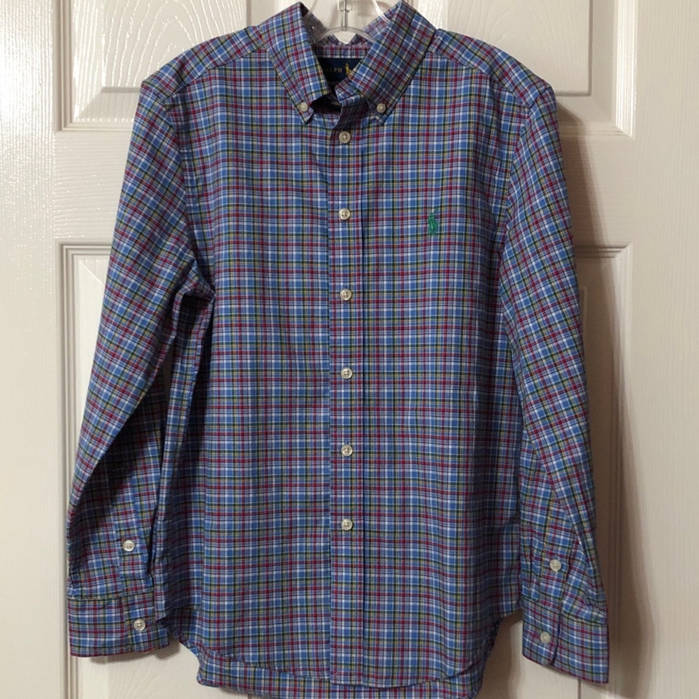 Boys Ralph Lauren Blue Plaid Button Down Shirt Size Medium